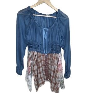 𝅺FELICIA bella long sleeve mixed media embroidered floral and plaid blouse